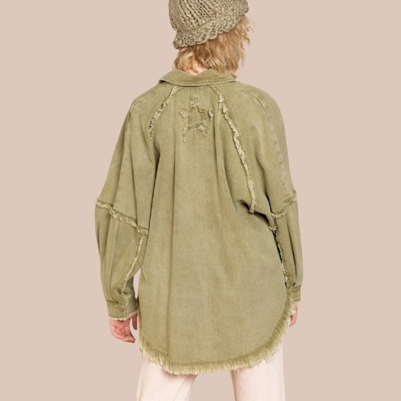 POL Vintage Looking Distressed Olive Green Shacket Jacket: - Picture 6 of 6